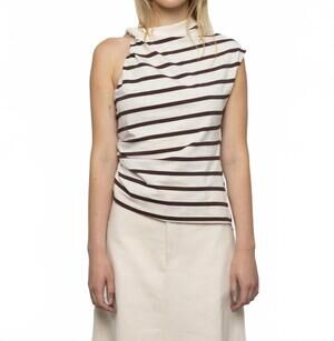 NEW ESTHE women's asymmetric stripe tee in brown and white